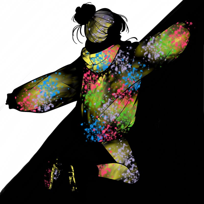 realistic girl jumping with a bun and oversized sweatshirt