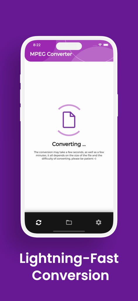 MPEG converter app screen showing a file conversion in progress with lightning fast text