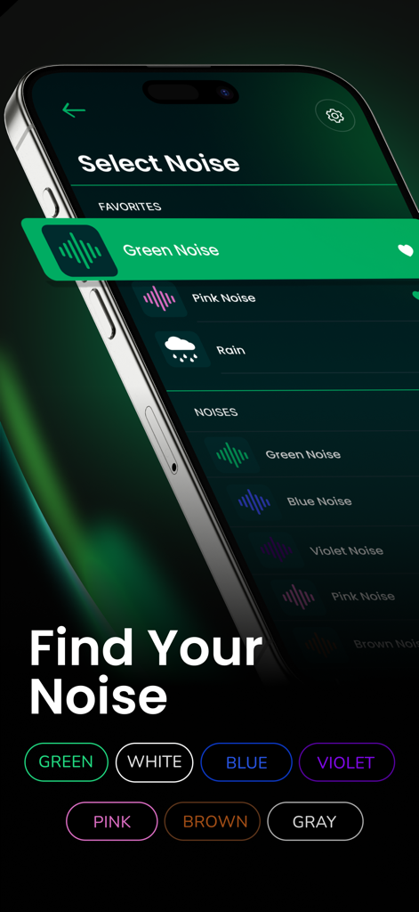 Pantalla de la App Ruido Verde mostrando varias opciones de ruido de colores y sonidos de la naturaleza para dormir y concentrarse