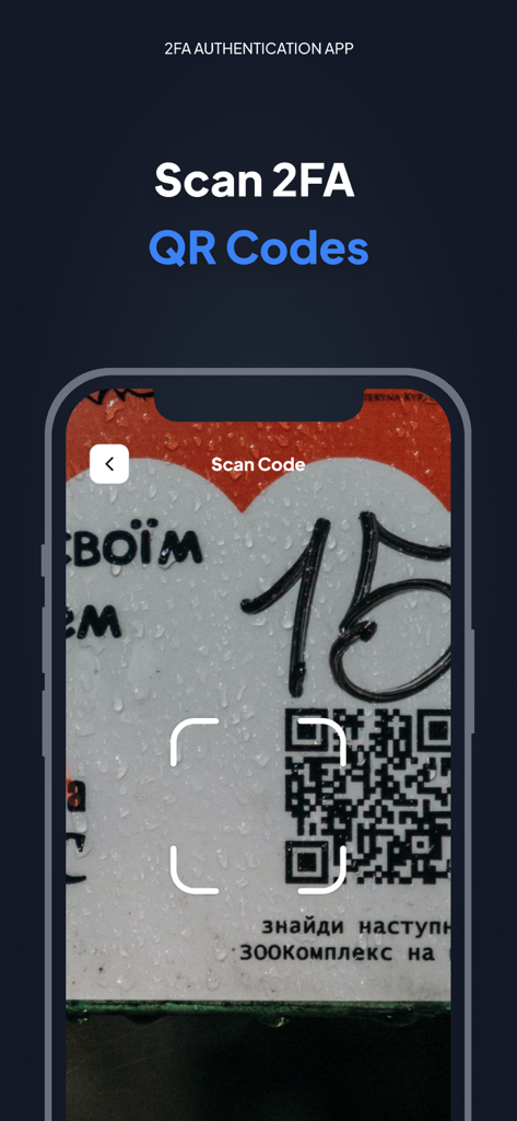 Interface do aplicativo autenticador mostrando o recurso de escaneamento de código QR 2FA em um iPhone.