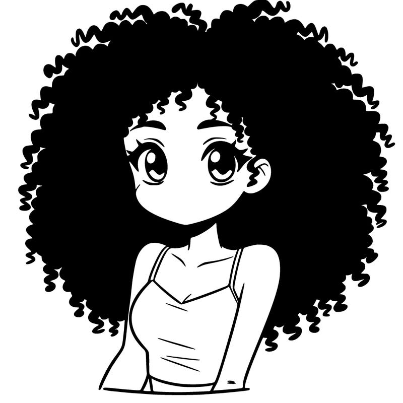 a black anime girl with long afro hair