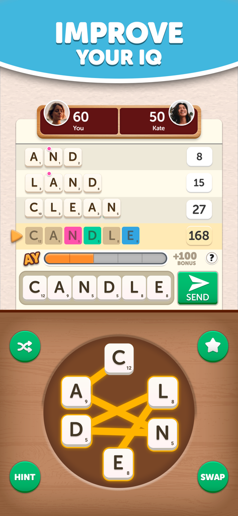 Anagram Yatzy game screen showing word construction and scoring to improve IQ.