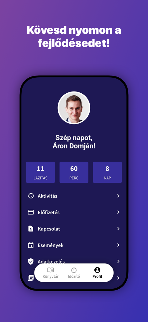 The profile screen of the Lazits meditation app showing user statistics for relaxation sessions, total minutes, and consecutive days.