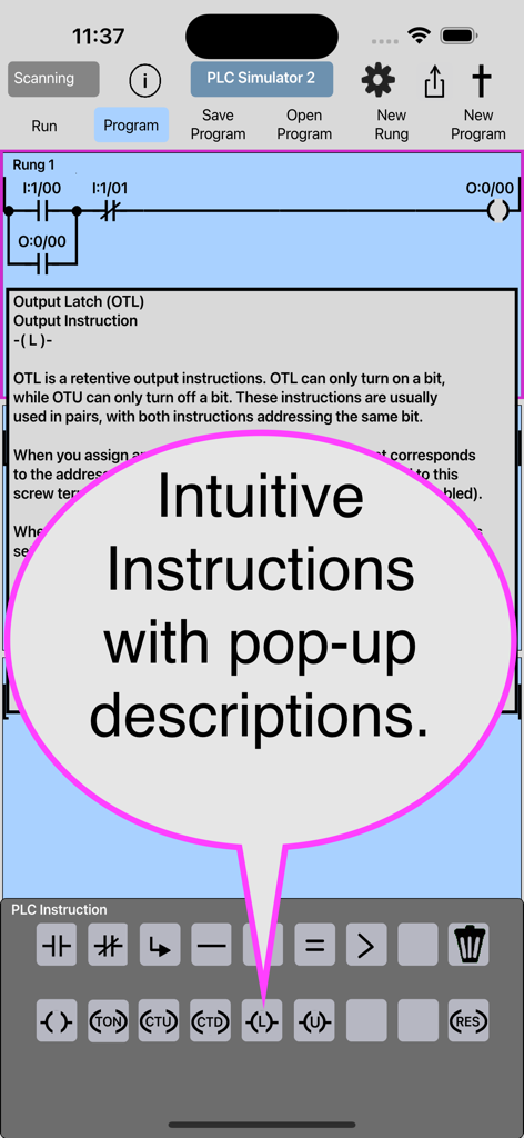 PLC Simulator 2モバイルアプリのインターフェイスには、ラダーロジックの命令とポップアップの説明が表示されています