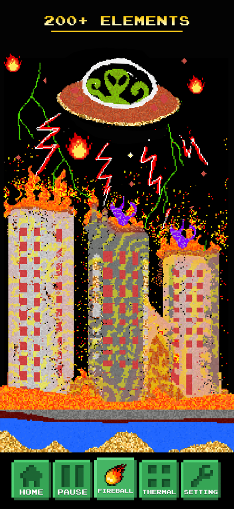 UFO attacking a pixel art city with fire and lightning in Sandbox Powder Alchemy