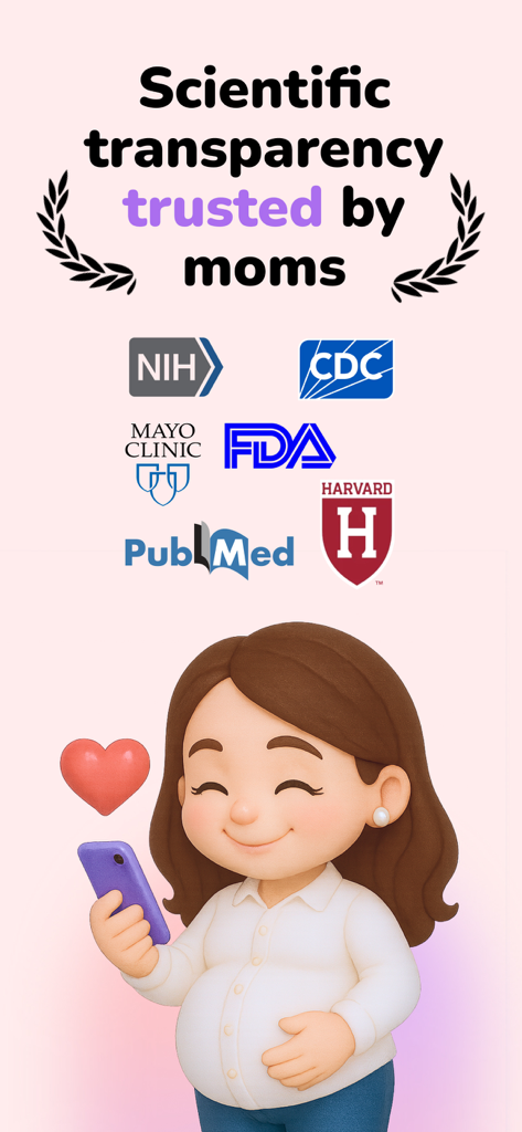 Gráfico que muestra a una mujer embarazada usando la aplicación Doola junto con logotipos de organizaciones de confianza como la FDA, CDC y Mayo Clinic para demostrar transparencia científica.