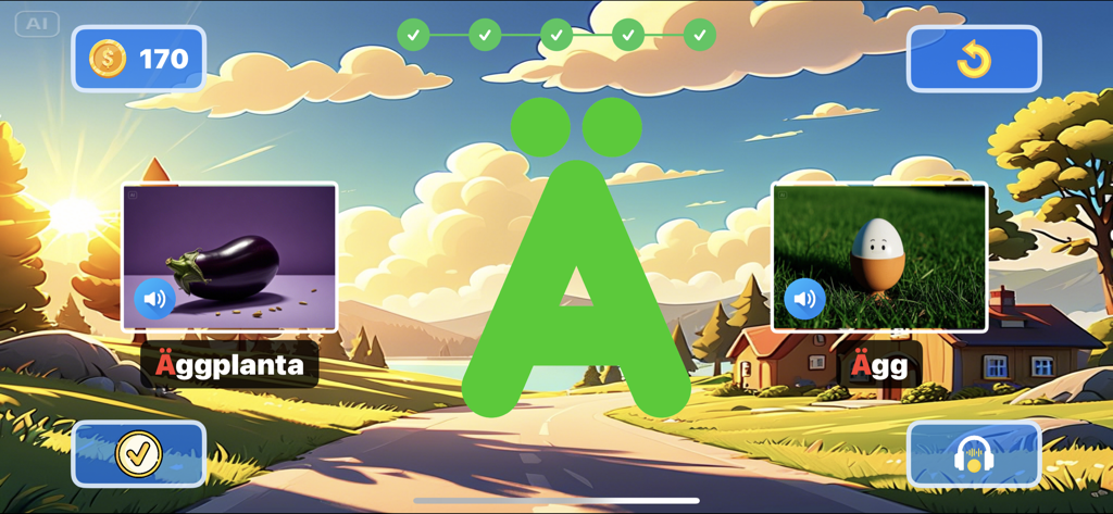 Swedish Letter Tracing - Interfaz educativa para aprender la letra sueca Ä con palabras de vocabulario como berenjena y huevo