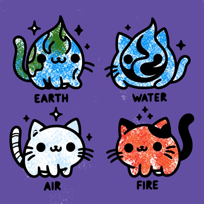 4 cats that represent the different elements, earth, water, air, and fire
