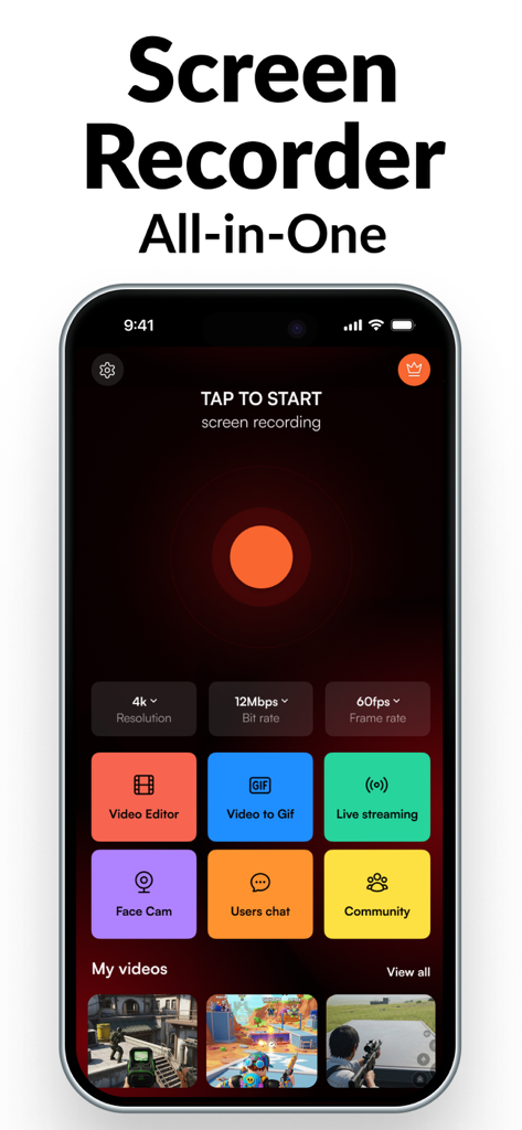 Screen Recorder app main dashboard on iPhone showing 4K resolution settings and video editing features