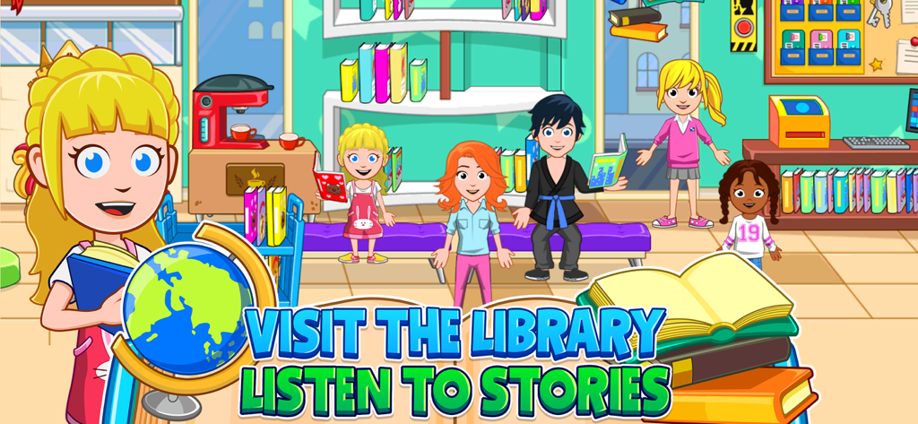 Comicfiguren interagieren in einer Bibliotheksszene aus der App My City After School