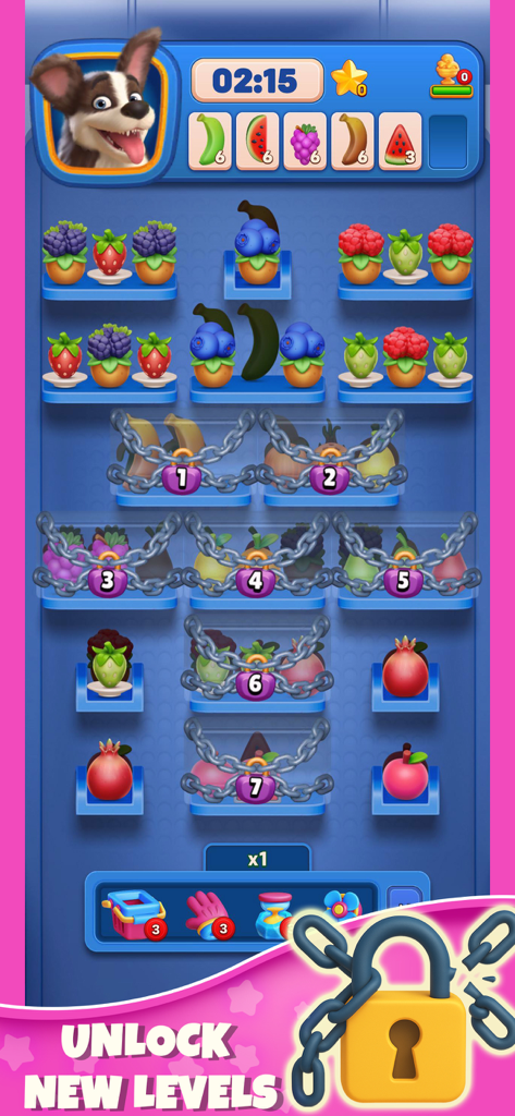 Una pantalla de juego móvil de Triple Goods Sort mostrando un puzzle de organización de frutas con niveles encadenados para desbloquear.