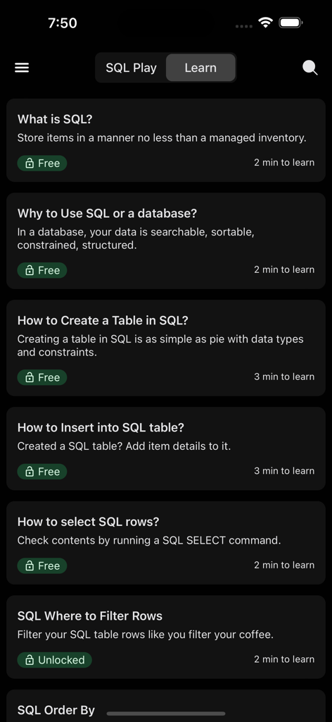SQL Play — Learn SQL - Bite-sized SQL lessons list on the SQL Play app interface showing introductory modules and learning times.