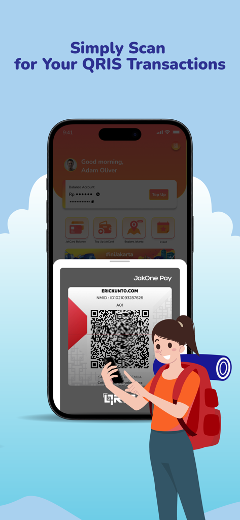 Jakarta Tourist Pass-JakOnePay - A smartphone displaying the JakOnePay app interface with a tourist scanning a QRIS code for digital payments in Jakarta.