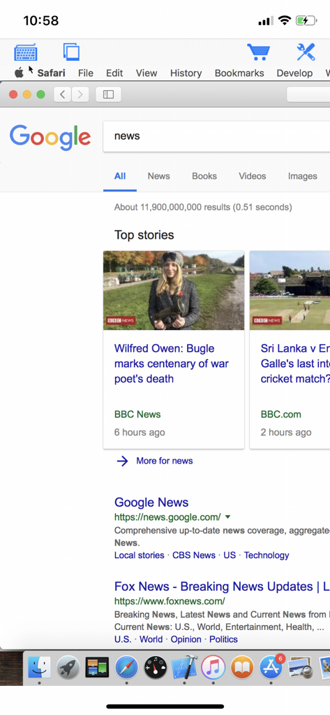 Acesso remoto a um desktop Mac mostrando o navegador Safari em uma tela de iPhone