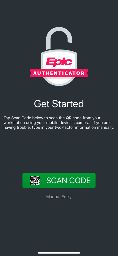 Epic Authenticator app setup screen with a scan code button and instructions for two-factor authentication.