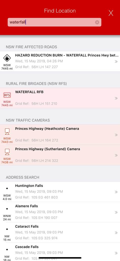 FireMapper Enterprise - FireMapper Enterprise location search interface showing fire affected roads and brigade stations