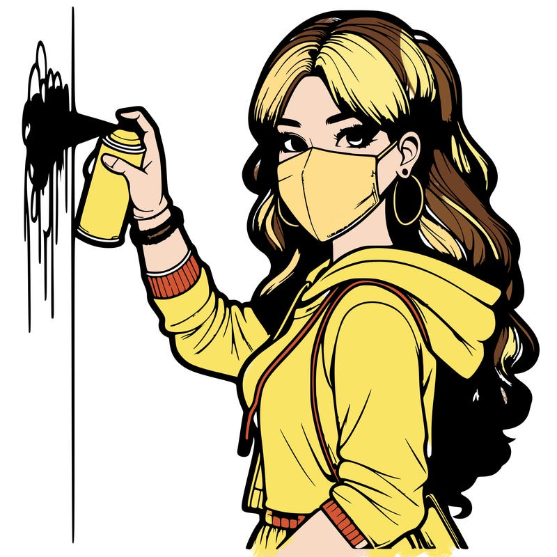 realistic girl with mask spray painting a wall