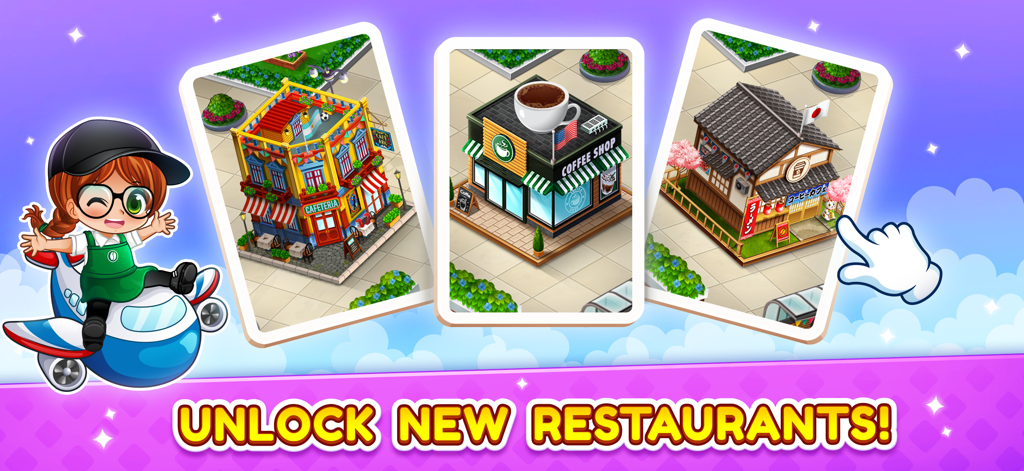 A cartoon chef flying a small plane over three distinct international restaurant designs with the text unlock new restaurants