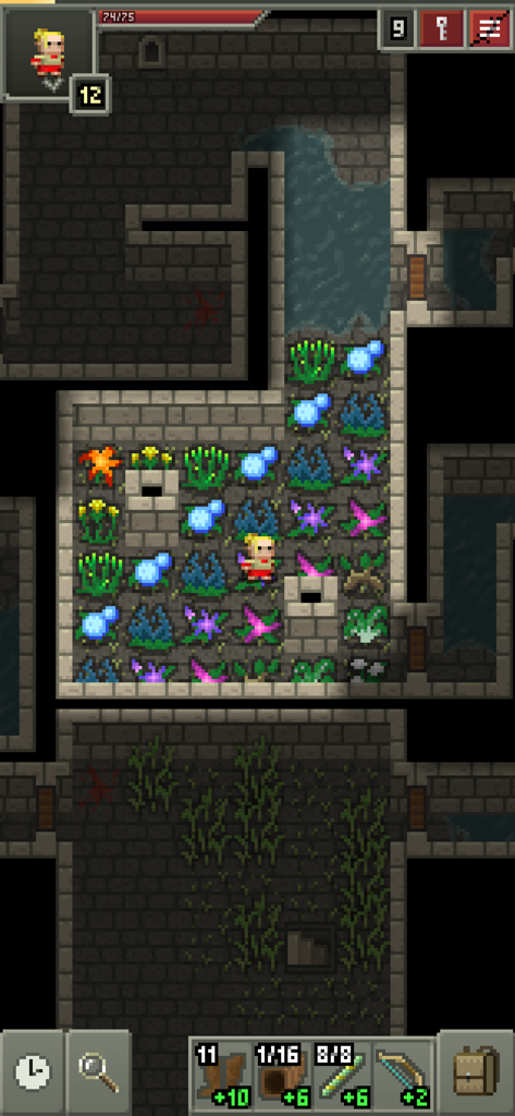 Uma visão de cima para baixo de um personagem em uma sala de masmorra cheia de plantas mágicas coloridas em Shattered Pixel Dungeon.