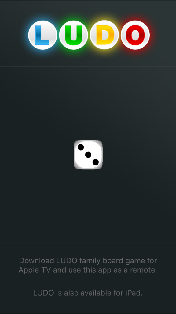 Ludo Dice app screen with a 3D die and instructions to use as an Apple TV remote