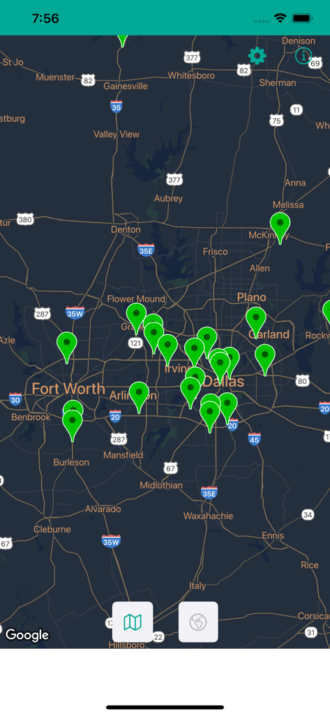 Map view showing green pins for CNG fueling stations in the Dallas and Fort Worth area