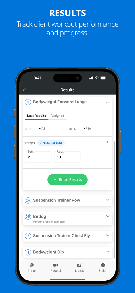 Training App (by GymCloud) - Interface do aplicativo GymCloud exibindo resultados de treino e acompanhamento de recordes pessoais para um exercício de afundo.