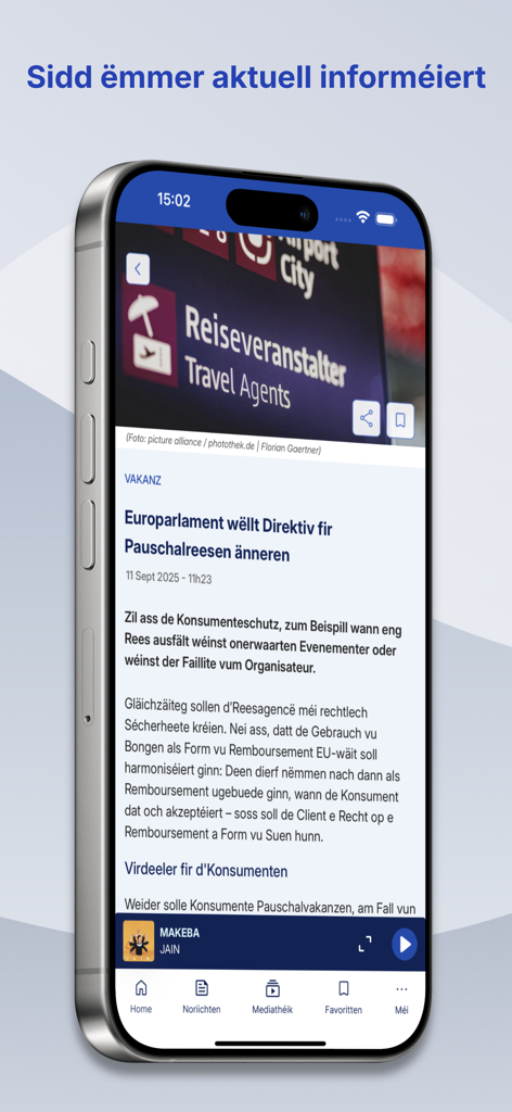 Smartphone screen displaying a news article about travel in the Radio 100,7 Luxembourg app