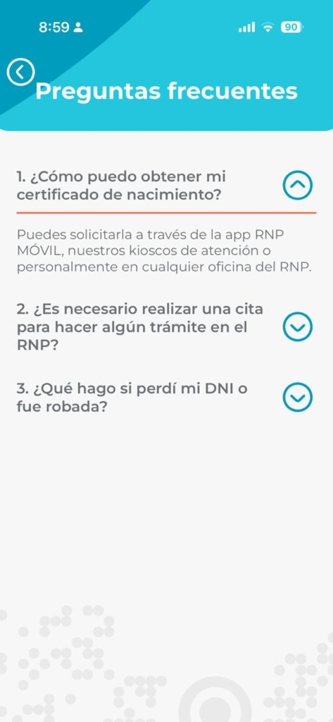 RNP MOVIL - Frequently Asked Questions section of the RNP MOVIL app showing information about birth certificates and identity cards in Spanish.
