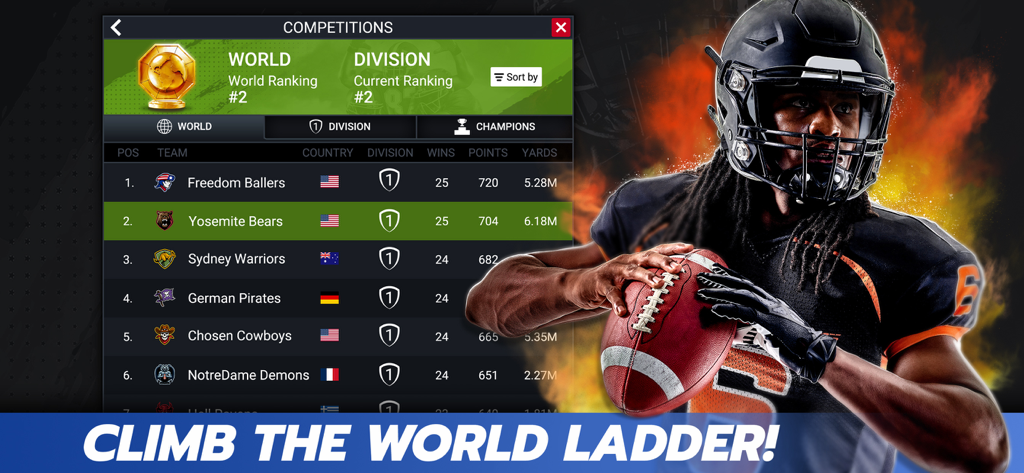 Football Battle - Touchdown! - Football Battle app leaderboard screen showing world and division rankings with an American football player