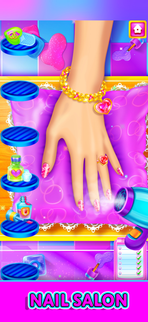 Una mano con manicura y esmalte de uñas rosa brillante y joyas de corazón secándose en un salón de uñas virtual.