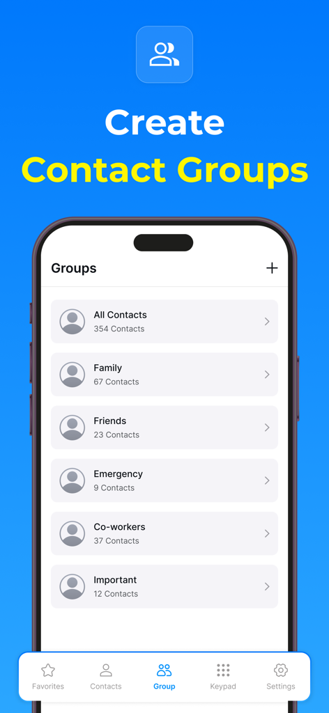 Contacts - Phone Dialer - Smartphone screen showing the contact groups management interface in the Contacts Phone Dialer app with categories like Family Friends and Co-workers