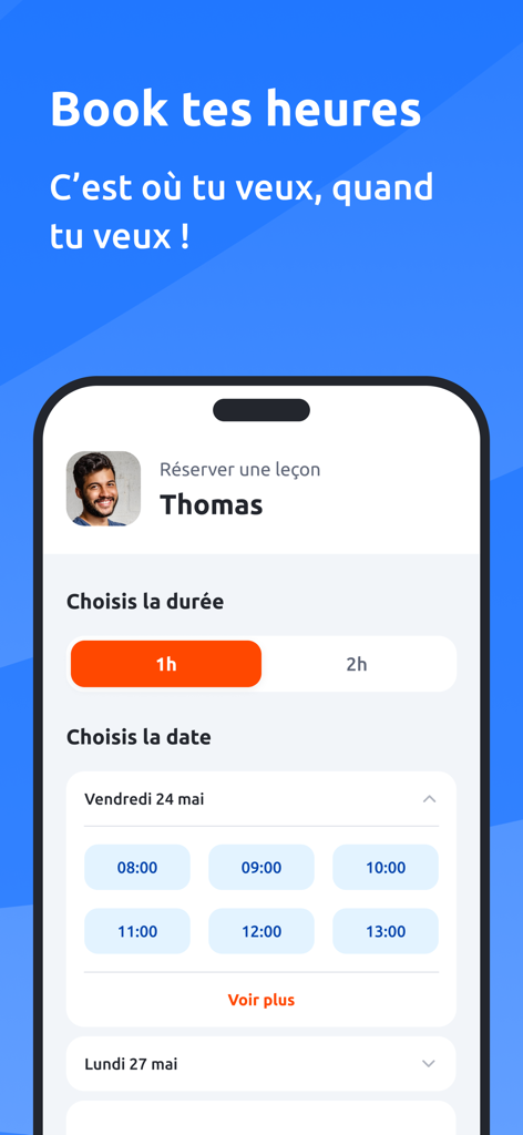 Mobile app interface of En Voiture Simone for booking driving lessons with a selected instructor and time slot.