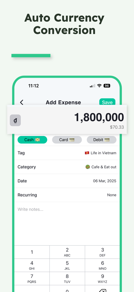 Interfaccia dell'app NomadWallet che mostra la conversione automatica di valuta per una spesa di viaggio