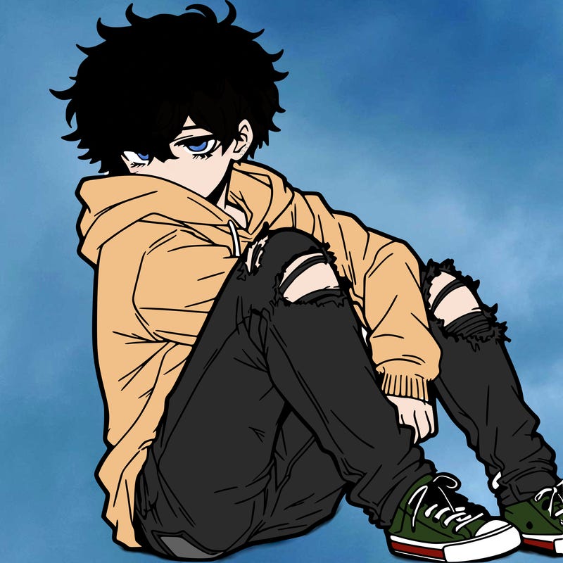 a male hoddie ripped jeans messy hair anime