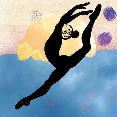 gymnast doing a leap in a leotard with a bent back leg