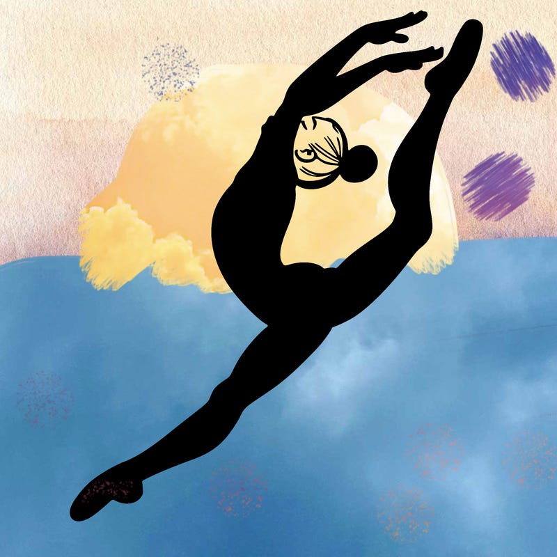 gymnast doing a leap in a leotard with a bent back leg