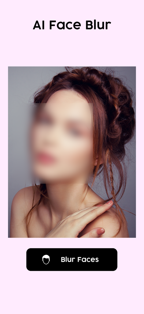 Blur Face - AI Photo Blur - Interface de l'application de flou de visages par IA montrant un portrait flouté et un bouton pour flouter les visages.
