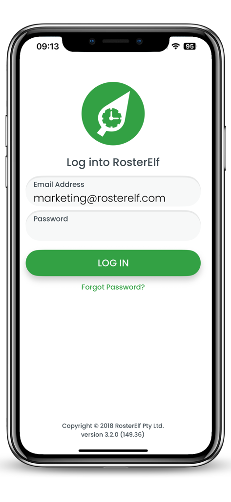 Login screen for the RosterElf employee scheduling and rostering app