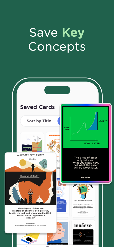 Imprint: Visual Micro Learning - A collection of saved visual learning cards within the Imprint app featuring concepts like philosophy and finance.