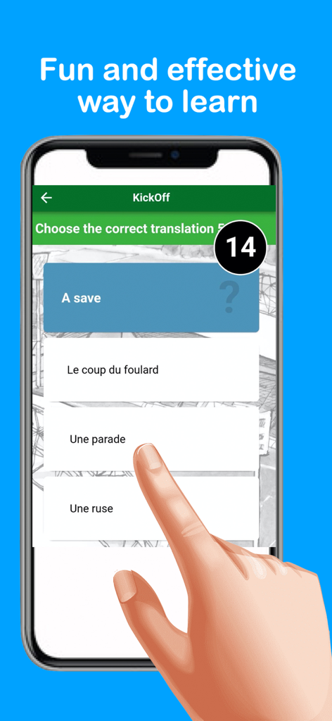 KickOff United - KickOff Unitedモバイルアプリのサッカー用語学習用クイズ画面。