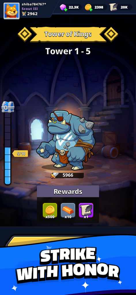 Shiba Story Go! Idle RPG Game - Un jefe orco azul en la Torre de los Reyes dentro del juego Shiba Story Go Idle RPG