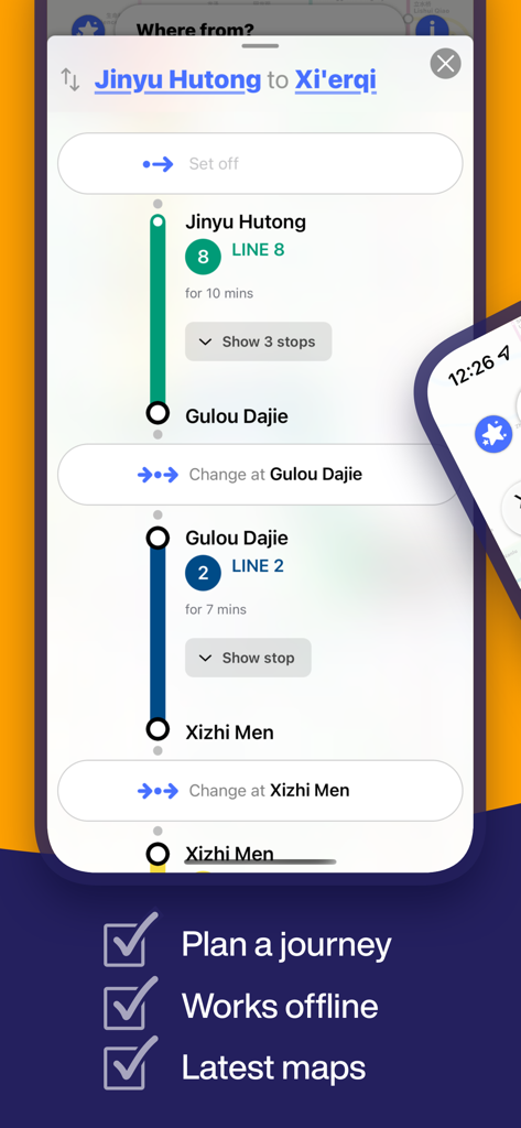 Beijing Subway - MTRC map - Schermata di uno smartphone che mostra un percorso dettagliato passo passo della metropolitana da Jinyu Hutong a Xierqi a Pechino con indicazioni per il cambio.