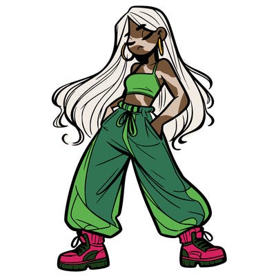 girl in baggy pants crop top and long hair