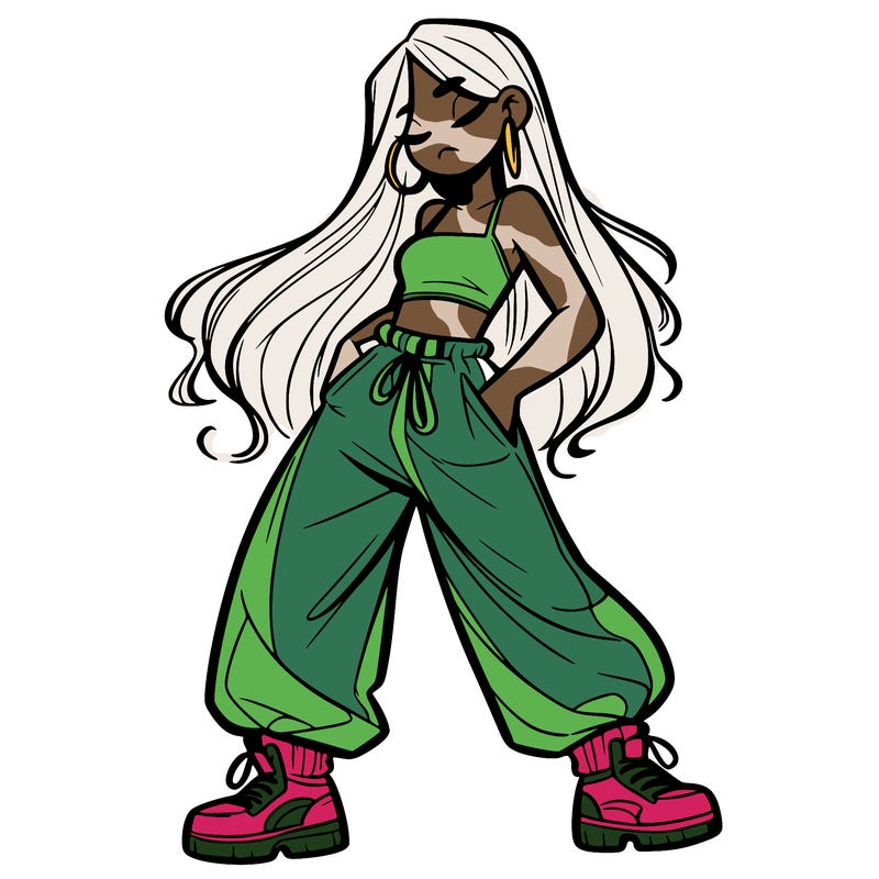 girl in baggy pants crop top and long hair