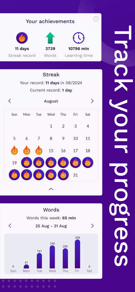 Synthi AI - Synthi AI app dashboard showing learning achievements a streak calendar and word count statistics
