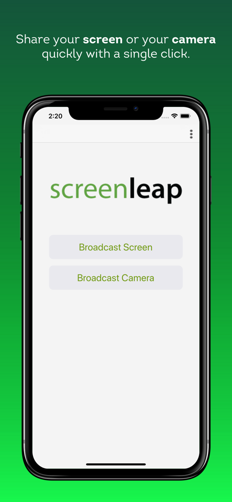 Screen and Camera Sharing - Interface principal do aplicativo ScreenLeap exibindo opções para transmitir tela ou câmera