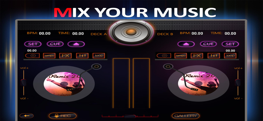 iRemix 2.0 DJ Music Remix Tool - Digital DJ mixer interface with dual turntables and audio controls