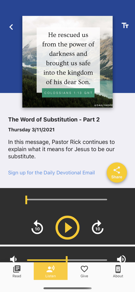 Daily Hope - Audio player screen in the Daily Hope app featuring a daily devotional message and a Bible verse