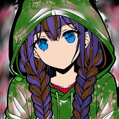 anime girl with long braids and hoodie