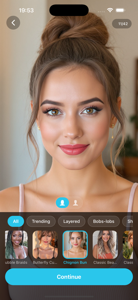 Interface of the Hair AI app showing a realistic chignon bun hairstyle virtual try-on on a woman